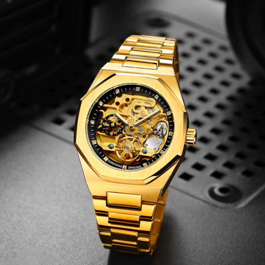 Relógio Masculino Skeleton Gold