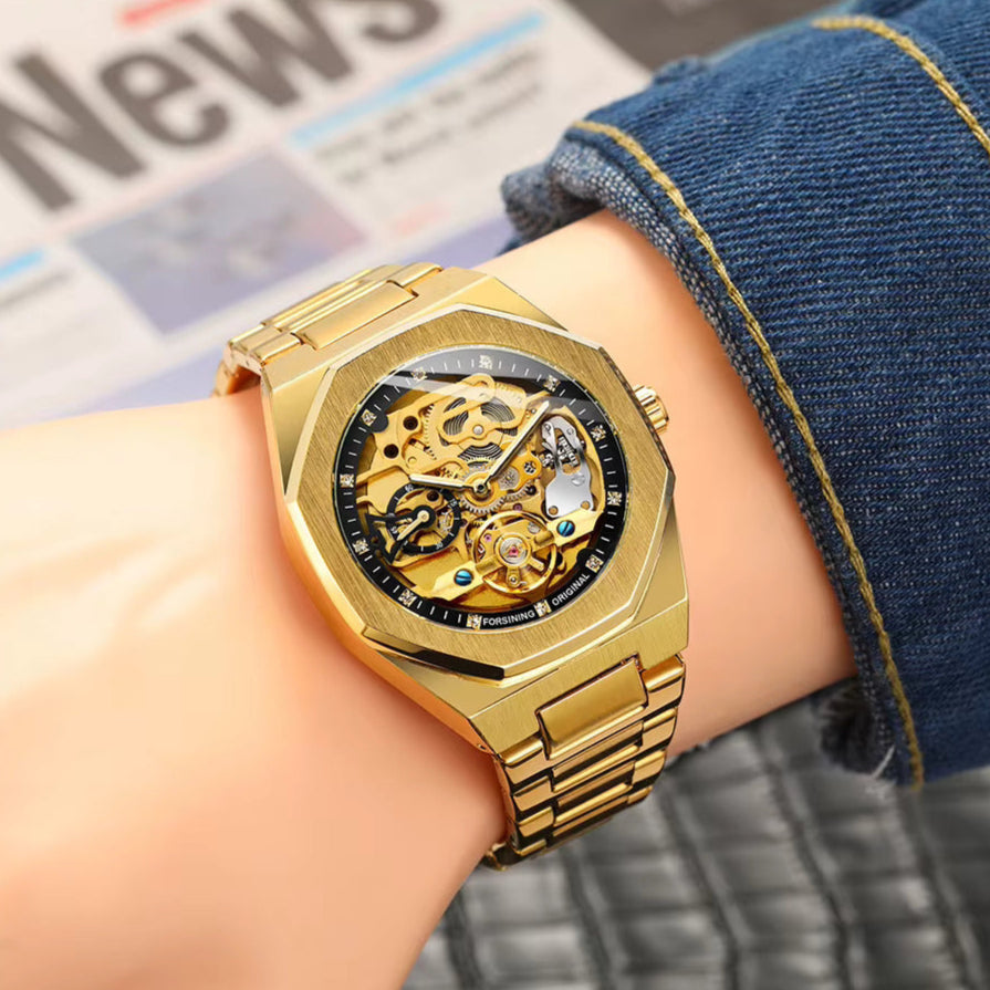 Relógio Masculino Skeleton Gold