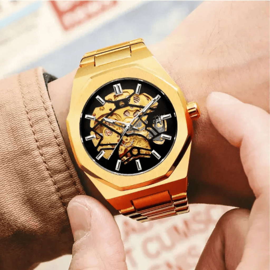 Relógio Masculino Sabr Skeleton Gold —